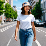 A young woman, fully clothed, wearing a stylish H&M bucket hat made of patterned cotton. She has a natural pose and is dressed in a modest, contemporary T-shirt and comfortable jeans. She is walking along a vibrant urban street with modern buildings in the background, bathed in bright summer daylight. Professional photography, high quality, perfect anatomy, correct proportions, well-formed hands, proper finger count, natural body proportions, safe for work, appropriate content, modest clothing, family-friendly.