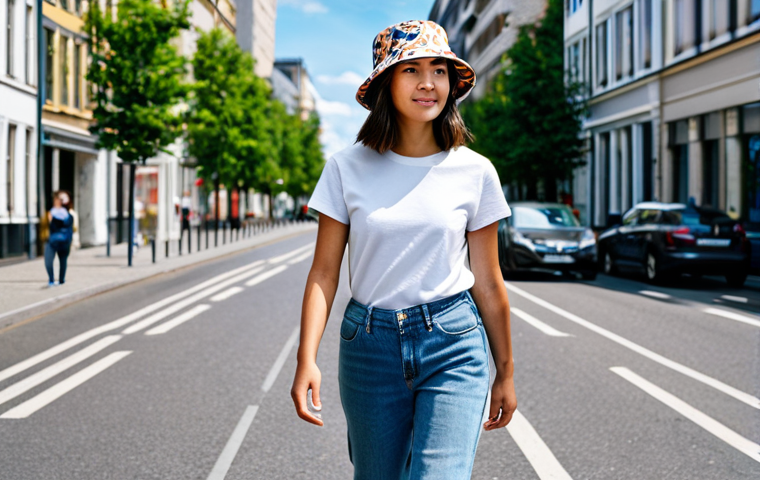 A young woman, fully clothed, wearing a stylish H&M bucket hat made of patterned cotton. She has a natural pose and is dressed in a modest, contemporary T-shirt and comfortable jeans. She is walking along a vibrant urban street with modern buildings in the background, bathed in bright summer daylight. Professional photography, high quality, perfect anatomy, correct proportions, well-formed hands, proper finger count, natural body proportions, safe for work, appropriate content, modest clothing, family-friendly.
