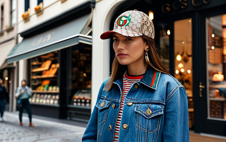 GUCCI GG Cap**

A stylish woman in a fully clothed, modest outfit (e.g., jeans and a t-shirt with a jacket), wearing a GUCCI GG cap in a vibrant urban setting. The background should feature trendy shops and cafes. Focus on capturing the cap's iconic GG pattern and the overall cool, casual vibe. Perfect anatomy, natural proportions, safe for work, appropriate content, professional photography, high quality.

**