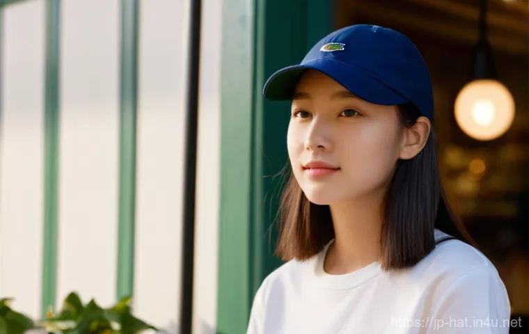 라코스테 클래식 캡과 프레드페리 테니스 캡 비교 - A young woman, in her early twenties, stands casually in a sunlit outdoor cafe. She is wearing a cla...