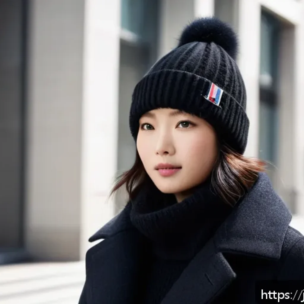 몽클레르 니트 캡과 버버리 울 캡 비교 - A stylish urban scene featuring a young Japanese woman wearing a Moncler knit cap made of a soft woo...