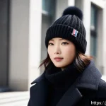 몽클레르 니트 캡과 버버리 울 캡 비교 - A stylish urban scene featuring a young Japanese woman wearing a Moncler knit cap made of a soft woo...
