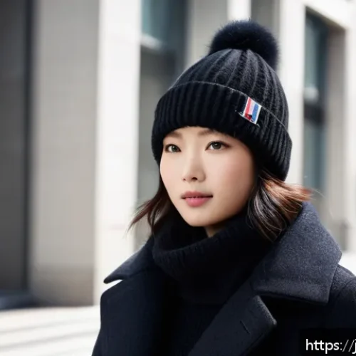 몽클레르 니트 캡과 버버리 울 캡 비교 - A stylish urban scene featuring a young Japanese woman wearing a Moncler knit cap made of a soft woo...