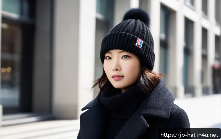 몽클레르 니트 캡과 버버리 울 캡 비교 - A stylish urban scene featuring a young Japanese woman wearing a Moncler knit cap made of a soft woo...
