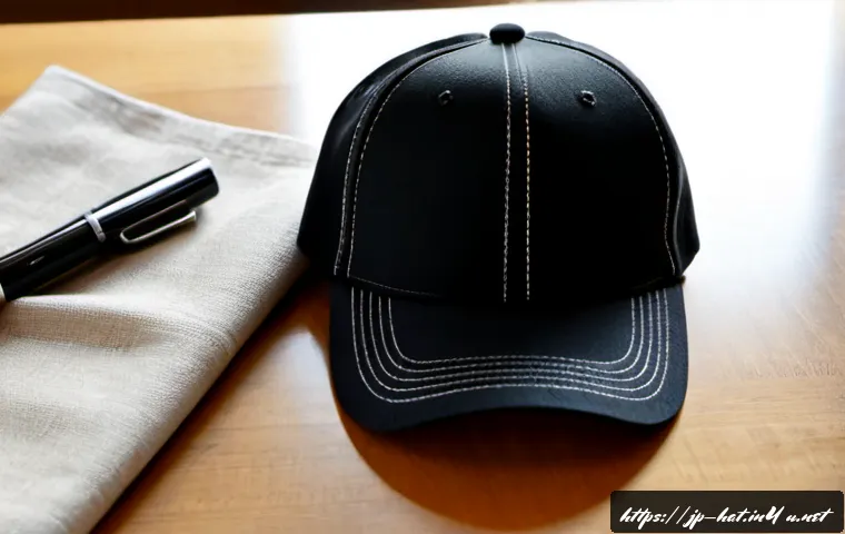 발렌시아가 클래식 캡과 구찌 GG 볼캡 추천 - Photorealistic luxury fashion flat lay of a classic black structured baseball cap with subtle tonal ...